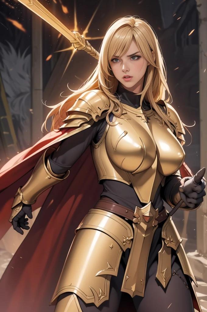 Browsing Caution,Female Paladin, Beautiful Face, blonde, Big Breasts, golden plate armor, Broken Armor、Red cape with belt,Torn Cloak, Large two-handed mace, Soft lighting, Ultra-fine detail, photo Realistic, World of Warcraft, Highest quality,Very detailed,Realistic,(Female Paladin),(((Intense Battle)))),(Dramatic lighting),((((battlefield)))),(Sharp focus),(Paladin'Determined expression),(Thick armor),(Wielding a weapon),(Forest Background),(Grand collision),(flying debris),(martial arts),(Body movements),(High resolution textures),(Emotionally charged battle),(Powerful hit),(Tense atmosphere),(Fierce confrontation),(Action-packed),(Vibrant colors),(Dynamic pose),(Fearless),(Heroic Battle),(Muscular physique),(Warrior's battle cry),(intense energy),(Paladin'Victory),(Sweat and blood),(Hand-to-hand combat),(Paladin Dexterity),((Battle scars:1.11)),(Paladin Battle Cry),(Paladin fighting stance),(Awe-inspiring),(Detailed facial features),(Female Paladin's determination),(((Epic battle scenes:1.3))