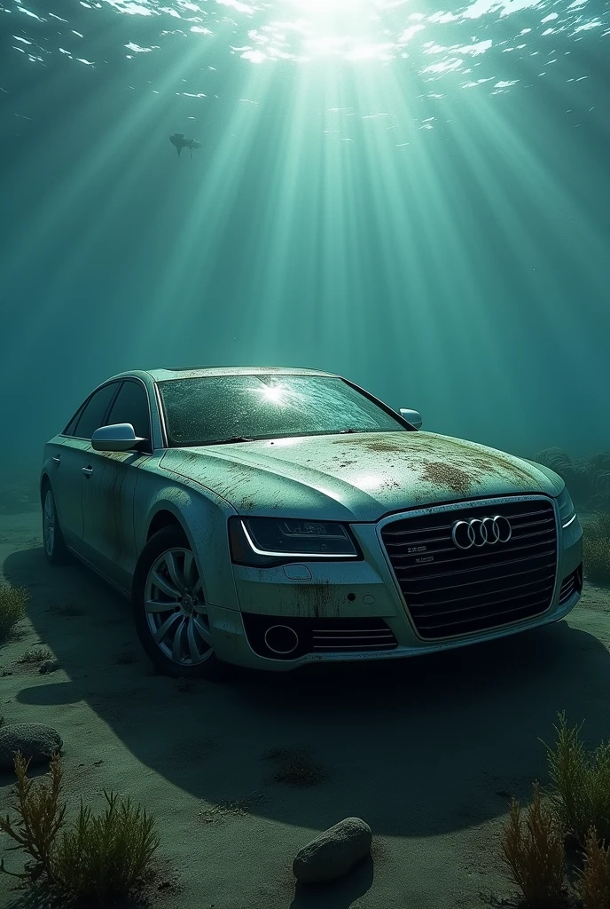 a gray Audi A8  from 2008,abandoned at the bottom of the ocean,highly detailed,realistic,photorealistic,masterpiece,HDR,professional,cinematic lighting,dramatic lighting,reflective water surface,floating debris,underwater plants,sunlight shining through the water,rippling water,detailed rust and decay,gloomy atmosphere,cool color tones
