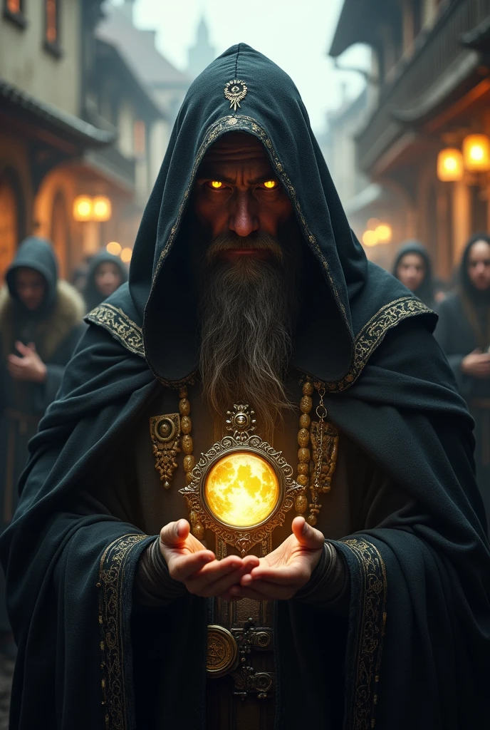 A hooded charlatan from the Middle Ages, with yellow colored eyes and mesmerizing, holding in his hands a small mirror in a busy city 
