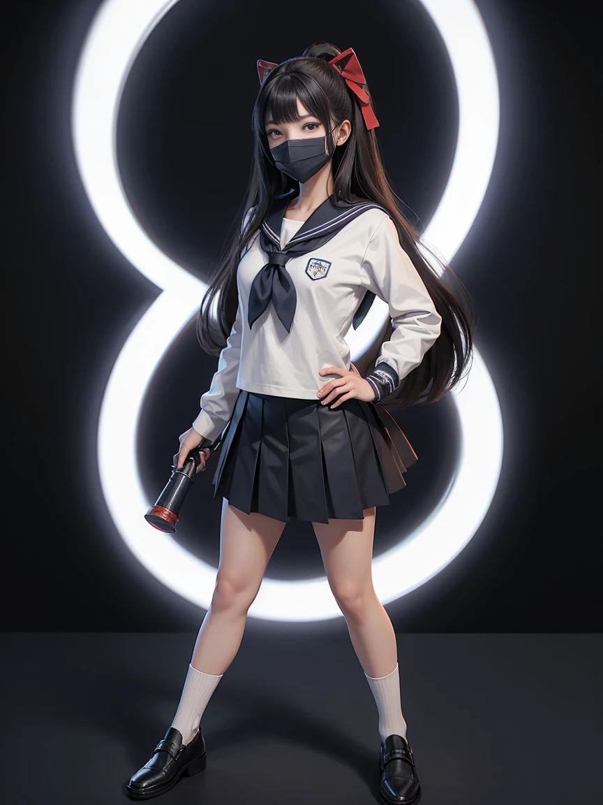 Full body shot, live action, real photo, super high quality, full body shot of iron masked college student woman, Navy blue, sailor uniform with red ribbon, full face type black thinking iron mask encasing entire head, part of face visible only through eye and mouth vents, 6 head, slightly thick, rounded body, 2 healthy figure, long ankle length skirt, white socks, black leather loafers, black background, Rembrandt back lighting, old movie style,