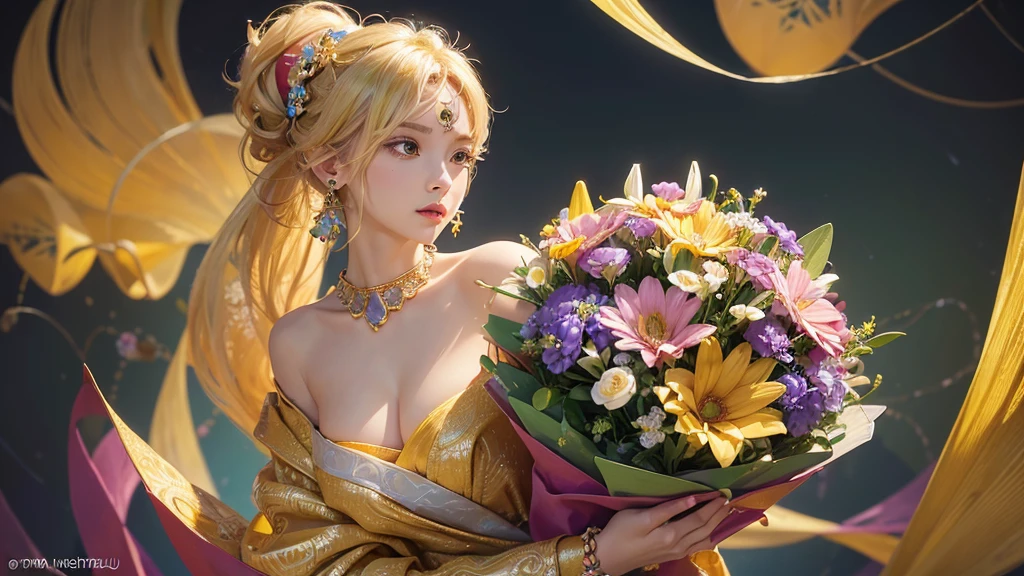 32K, 最高quality, 最高masterpiece, (ultra-Detailed Background, Detailed Background), High resolution, Super detailed, Very detailedな, 1 personの, (bouquet:1.3), (Tangled:1.2), (Geometric:1.2),(colorful),(masterpiece, quality, best quality, Official Art, Beautiful and beautiful:1.2), (1 person:1.3), Very detailed,(colorful:1.1)(Flowers:1.3),Most detailed,(Tangled:1.2), whole body, (Abstract background:1.3), (Skin glows), (Many colors:1.4), ,(Earrings Jewelry:1.5), Yellow background, It's imaginative., Milk tea colored hair, Updo,