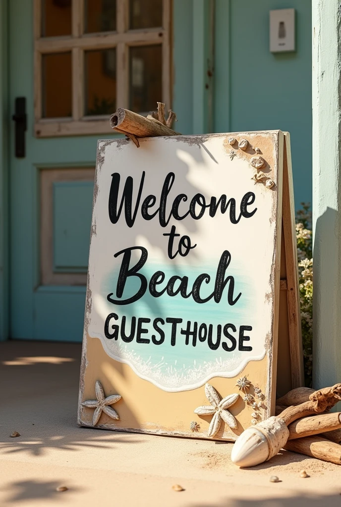 Create a simple and cozy beach guesthouse welcome sign 