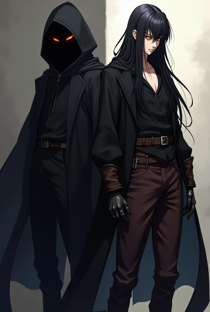 Create a 2 version image of a 30 year old male anime style character in a robe, where in one of the versions he is wearing a hood and you can't see his face, just darkness with glowing red eyes and in the other he is without a hood, has long black hair, the iris of your eyes is orange, and his clothes are a black cloak, black long sleeve blouse with brown leather pieces on the forearms, dark brown leather pants, black medieval leather boots, and wears black leather gloves with the fingers out and has a cold and sadistic look
