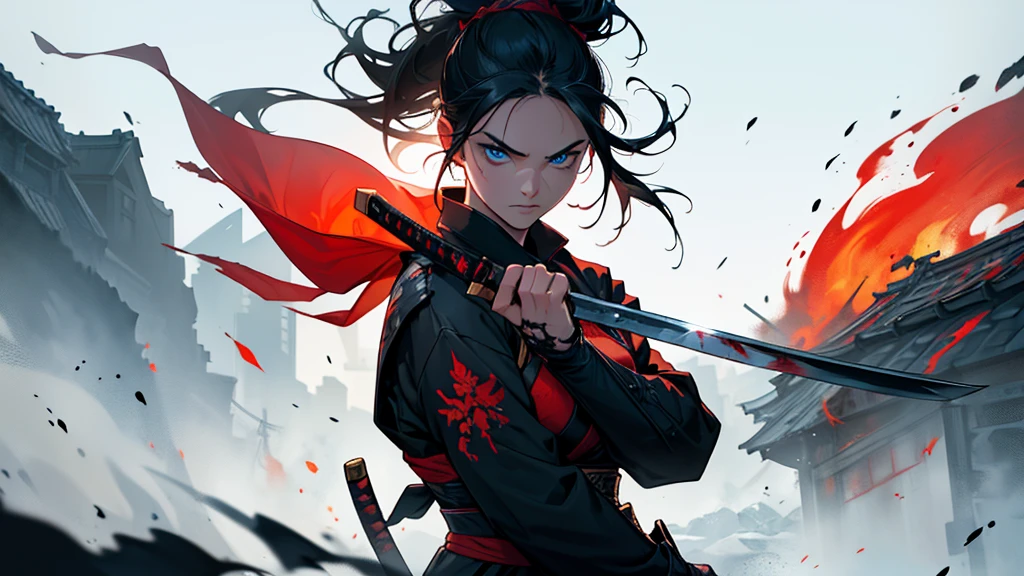 silhouette,sumi ink painting,A dynamic ,a young warrior woman with piercing blue eyes, holding a bloodstained katana. She has a fierce expression and is ready for battle, with her hair tied back and strands flowing in the wind. The background is minimalistic with splashes of red and orange, emphasizing the dramatic and powerful atmosphere of the scene. Her attire is dark and tattered, adding to her determined and resilient appearance.