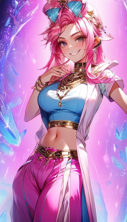 A smug narcissistic pink haired woman wearing a pink bra and blue pants and lots of jewelry flaunting herself