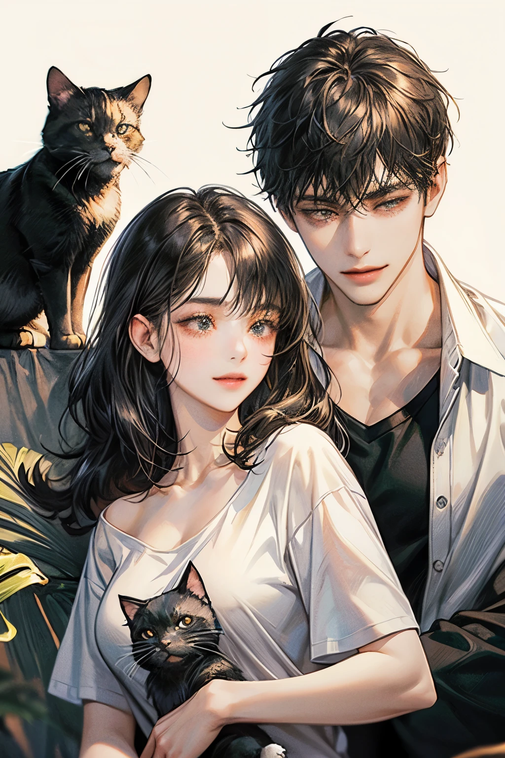 black hair, high resolution, Masterpiece, details, detailsสูง, โมเดลhigh resolution, simple background, college student couple,Play with cats, Black Cat, black hair, long hair woman, Men with short hair, simple background, bedroom, smile, t-shirt, sexy woman, brown eyes