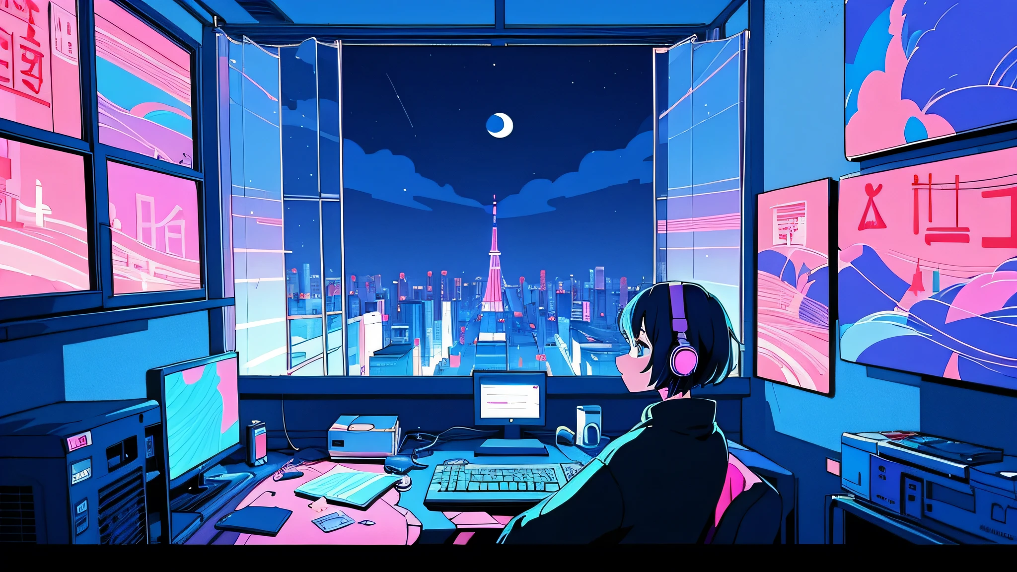 (From behind), Anime girl sitting in front of a computer in a cozy bedroom, Listen to music in a cozy room (night), Use headphones, On the roof, (beautiful night views from windows), Lots of things, 2D Anime Style, The aesthetics of anime in the 90s, Lo-Fi, Very detailed, hard disk, A mix of anime style and Fujifilm, Surreal, 8k, Masterpiece Makoto Shinkai style