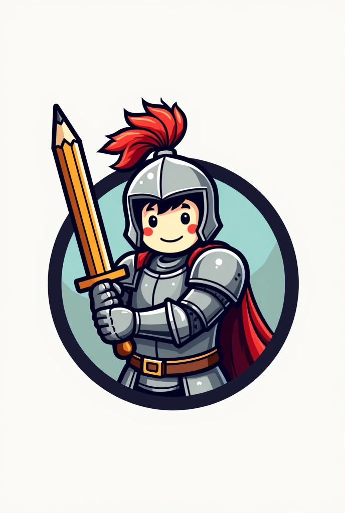 Round logo with a cartoon drawing of a knight holding a pencil as a sword 