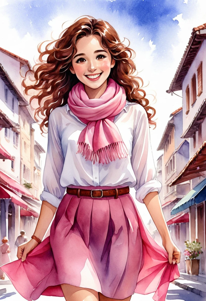 estilo anime,a watercolor illustration of a woman with long, curly brown hair. She is wearing a white blouse with a pink skirt and brown sandals. She has sandals on her face and a big smile on her face and is holding a pink scarf in her hands. The background is plain white. The girl looks happy and relaxed.