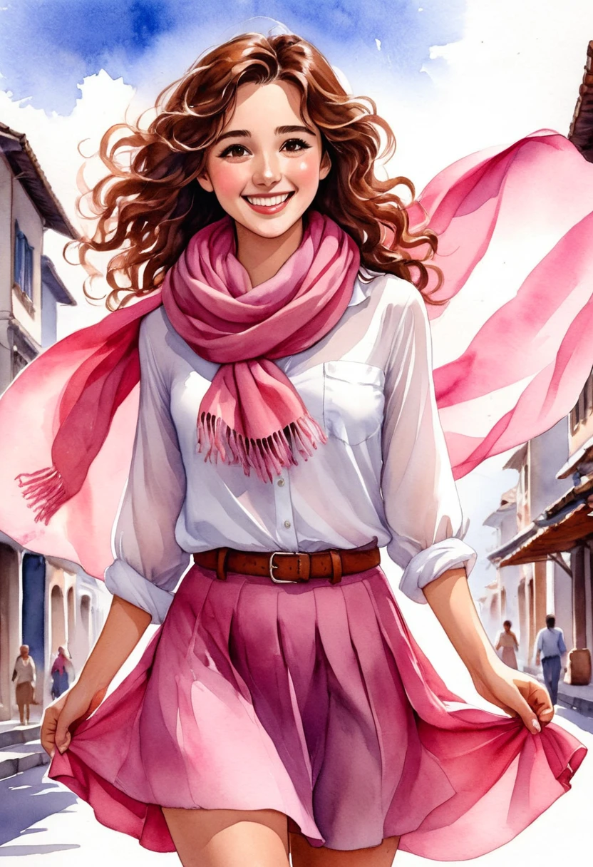 estilo anime,a watercolor illustration of a woman with long, curly brown hair. She is wearing a white blouse with a pink skirt and brown sandals. She has sandals on her face and a big smile on her face and is holding a pink scarf in her hands. The background is plain white. The girl looks happy and relaxed.