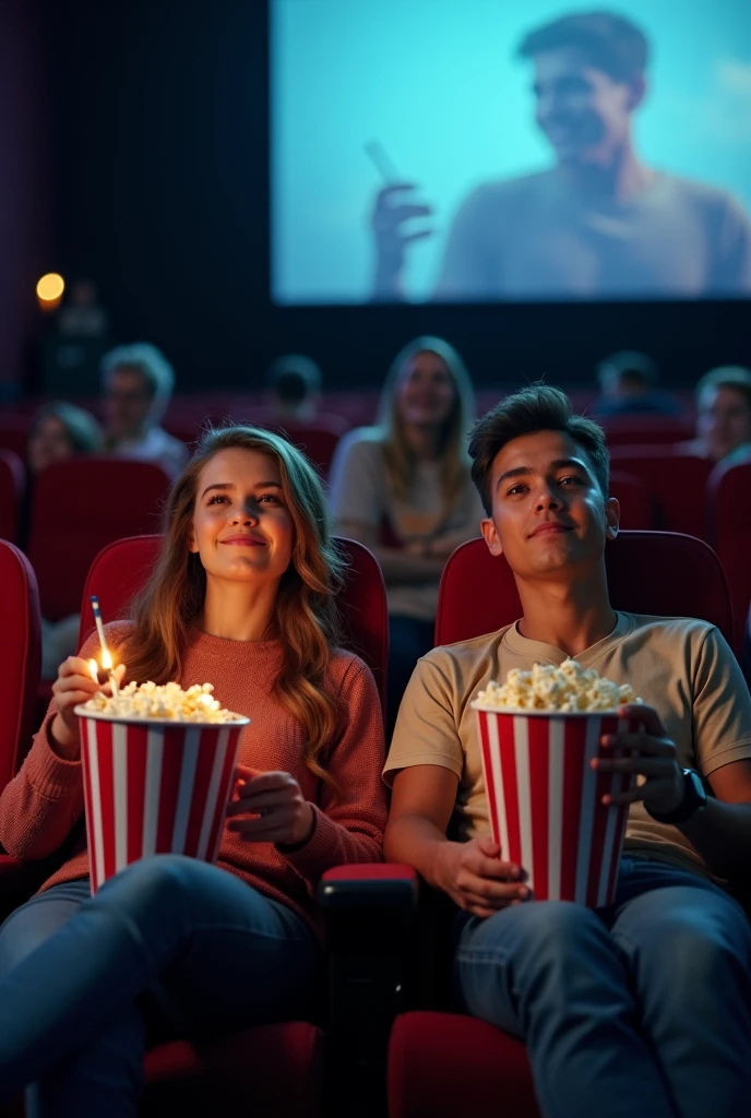 When two couples are sitting in the cinema, the girl should hold the drink and the boy should hold the popcorn, and they should film it while watching.