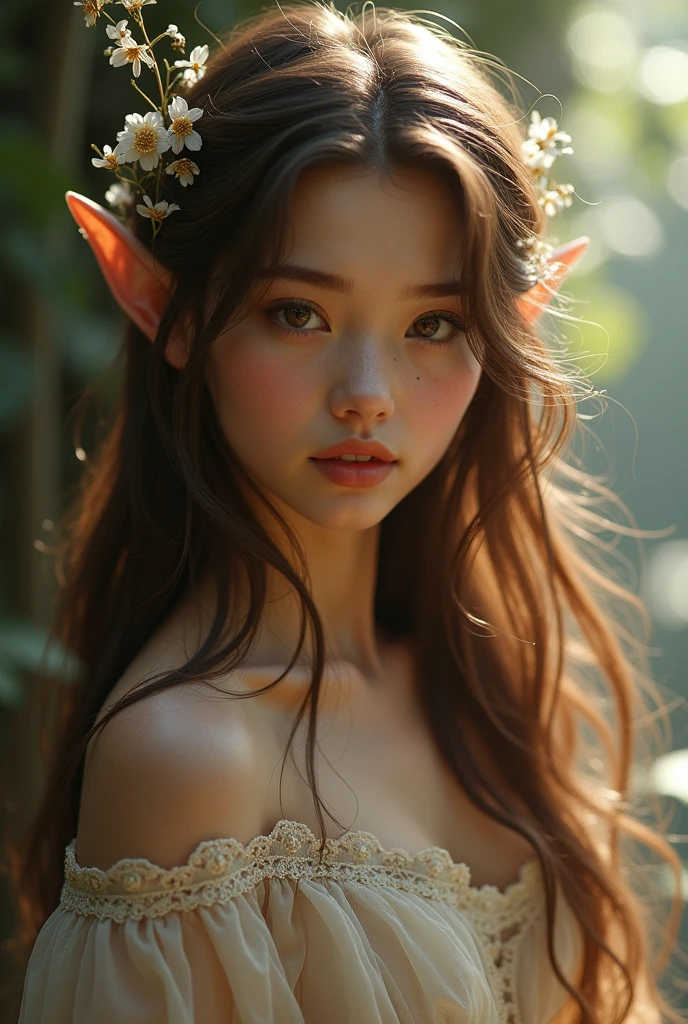 Elf with brown long smooth hair. Sweet