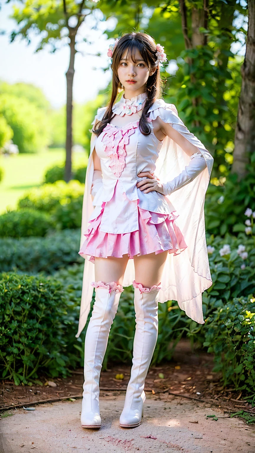 (8k、RAW Photos、Highest quality、masterpiece:1.2)、(Realistic、Realistic)、1 person、((White and pink、garden、Frills、Cape、mini skirt、Thin legs、whole body、boots、View from the front、Looking into the camera、Stand with hands on hips))、cute