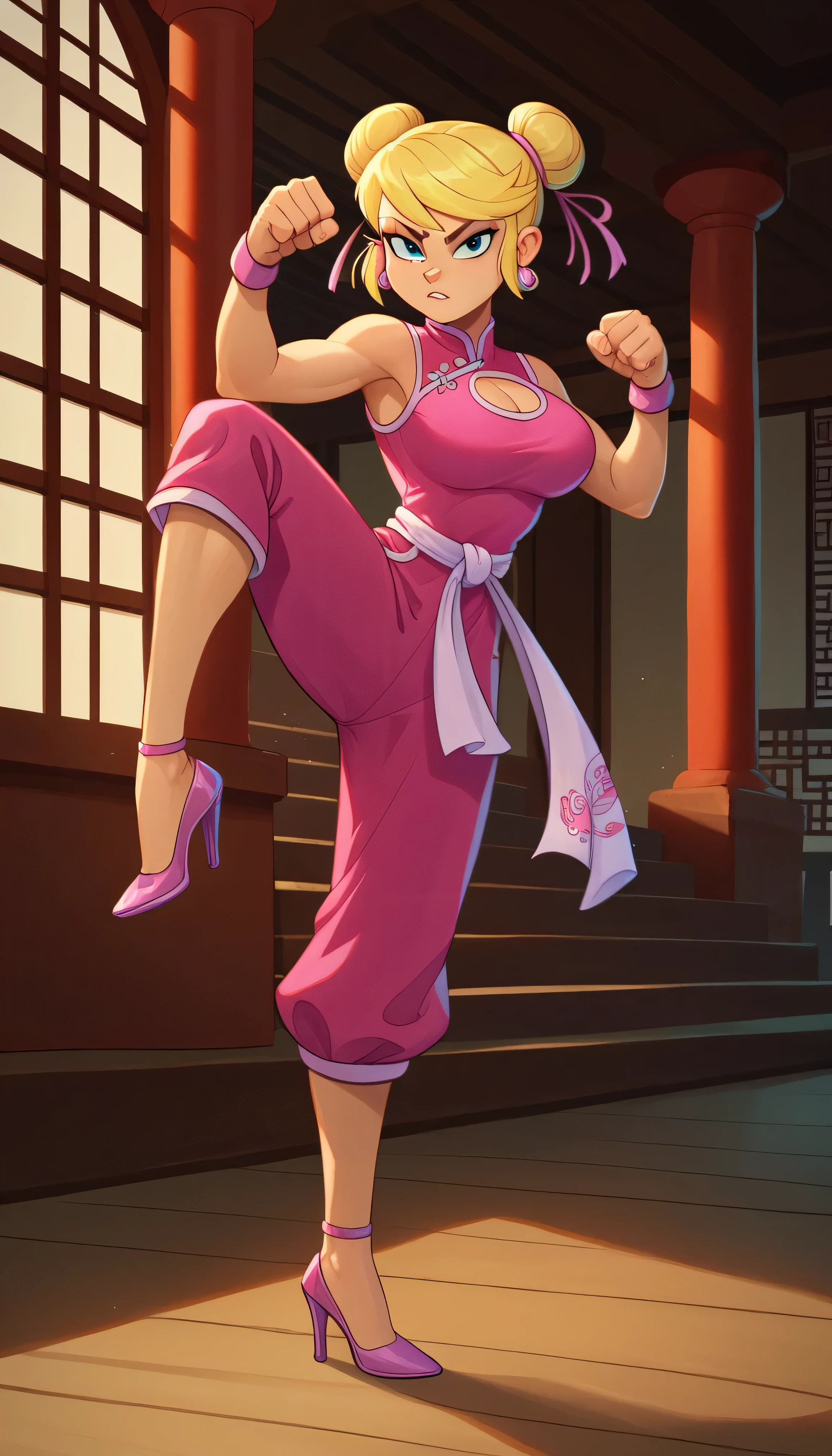 lola loud, 1girls, solo, 24yo girl, large breasts, pink cheongsam, inside of a chinese temple, looking at viewer, blonde hair, two hair buns , hands score_9, score_8_up, score_7_up, high heels, teep fighting stance,martial arts