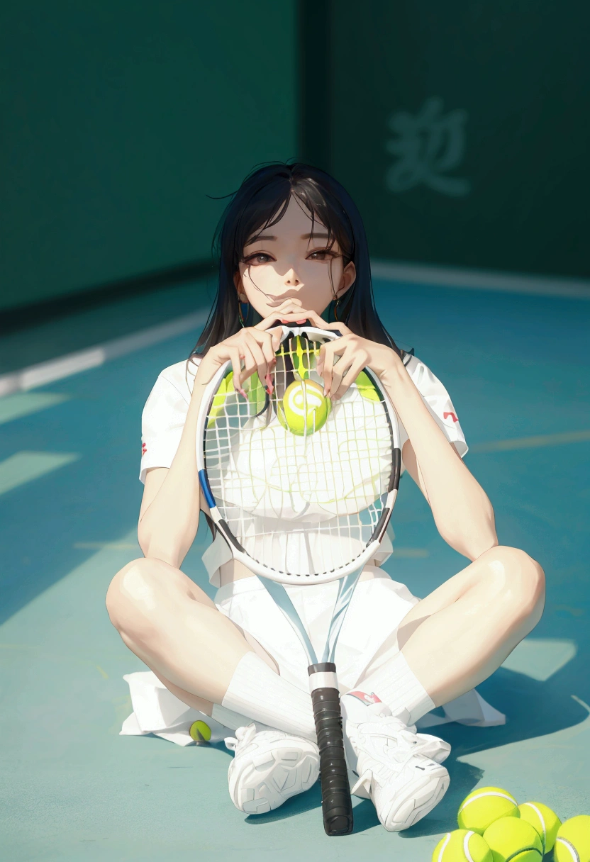 araffe woman sitting on the ground with a Tennis racket and tennis balls, a girl Play tennis, Cheng Man Kit, Tennis Clothes, Play tennis, Bae Suzy, Tennis racket, xintong chen, wenfei ye, yanjun chengt, Wenjun Lin, li zixin, jinyiwei, Nam Jae-yeon, Chengyou Liu