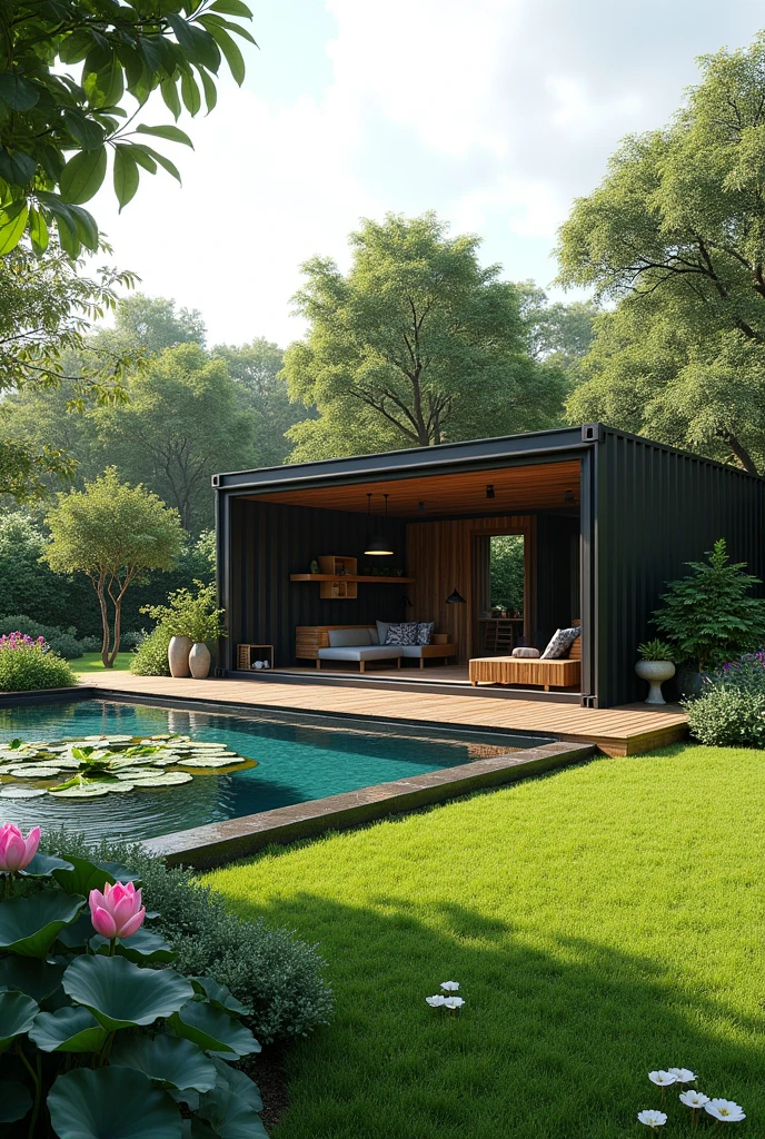 40-foot container house, single floor, with a sitting area, a lawn between the house and the pool. In front is a large rectangular lotus pond, size 300 square meters, surrounded by fruit trees and flowers.