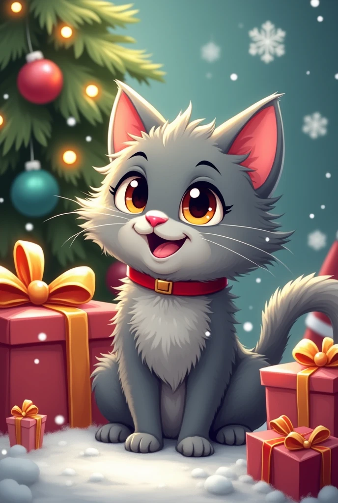 Christmas grey cat , cartoon 