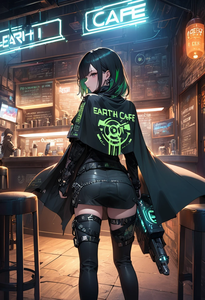 Very detailed、whole body、Wear futuristic punk fashion、Wear a cape with the word "earth" written on the back、Cyberpunk Cafe、Woman Turning Around、Medium chest、