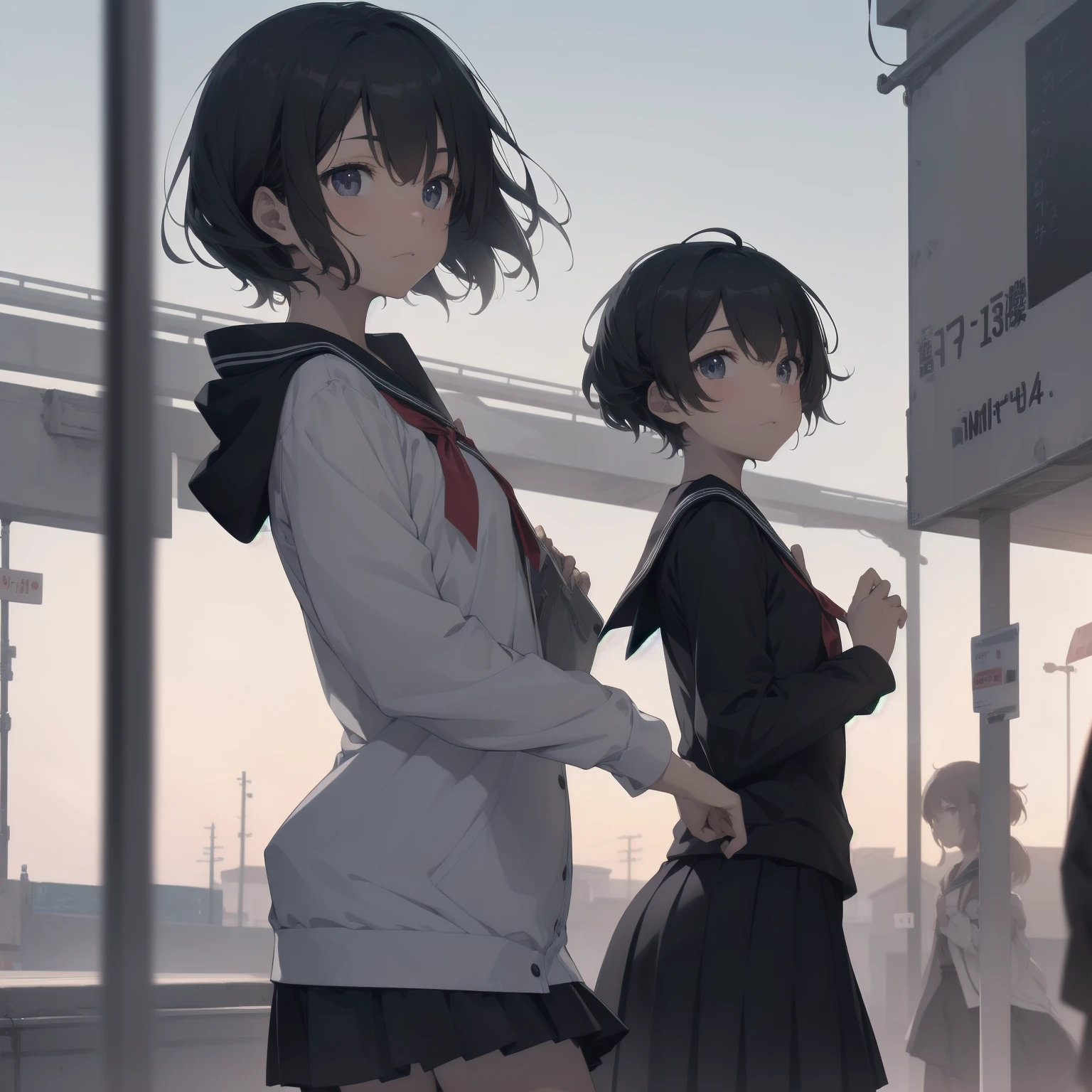 ultra-absurdres-Top quality by artist God, ultra-detailed, high resolution, anime moe artstyle, best anime 8k konachan wallpaper, pixiv contest winner, pool:2810, perfect anatomy,break, 1girl, (Please draw a girl walking sleepily to school alone. )break,(Solo,little female, 13-year-old:1.3),Full limbs, complete fingers,a junior high school student, (very short hair), short cut, flat chest, , small butt, small black eyes, beautiful detailed eyes, well-proportioned iris and pupils, expressive eyes, highres detailed hair, soft expression, salor school_uniform, sailor collar, serahuku, bow, pleated skirt,(Detailed Lighting), (Detailed background), in the School commute route. break,super detailed skin, Best cinematic lighting powered by famous artist, 8k,beauty illustration,photoshop_(medium),very aesthetic,break,((artist:shimazaki_mujirushi )), artist:clamp ,artist:carnelian ,artist:kantoku ,
