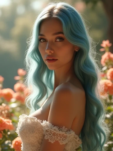 (Masterpiece.UHD.photorealistic.) an ultra hot gorgeous European woman. Age 23. Long light blue-haired, beautiful detailed eyes,beautiful detailed full lips, epic cleavage. ((100 DD size)). Voluptuous hourglass body.extremely detailed eyes and face,long eyelashes, sensual pose.intricate details, cinematic lighting, dramatic lighting, warm color tones, glowing skin, detailed clothing, elegant pose, serene expression, detailed background, lush garden, blooming flowers, sunlight filtering through trees.