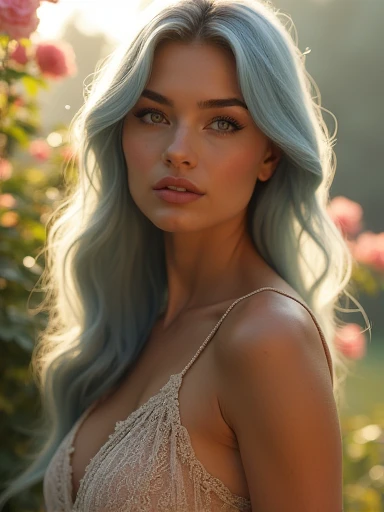 (Masterpiece.UHD.photorealistic.) an ultra hot gorgeous European woman. Age 23. Long light blue-haired, beautiful detailed eyes,beautiful detailed full lips, epic cleavage. ((100 DD size)). Voluptuous hourglass body.extremely detailed eyes and face,long eyelashes, sensual pose.intricate details, cinematic lighting, dramatic lighting, warm color tones, glowing skin, detailed clothing, elegant pose, serene expression, detailed background, lush garden, blooming flowers, sunlight filtering through trees.