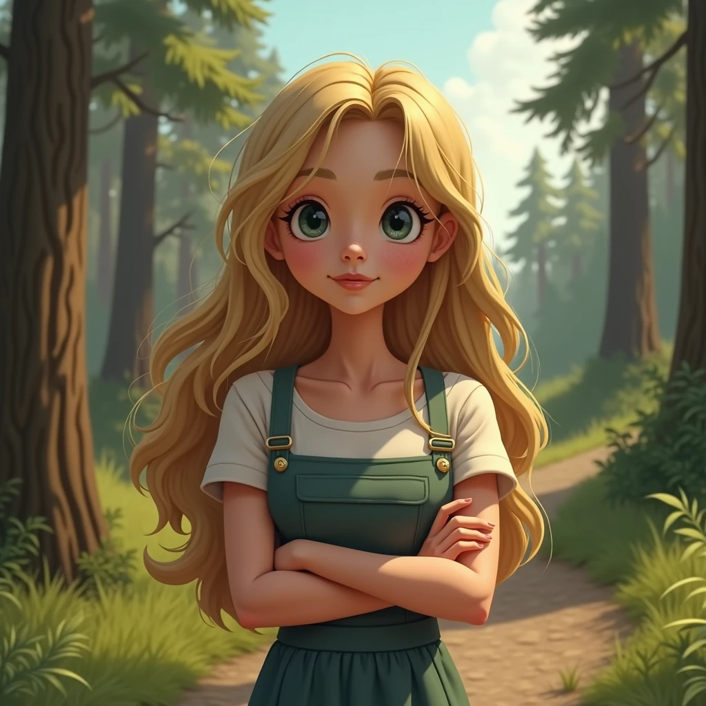 she is walking in the forest from the side