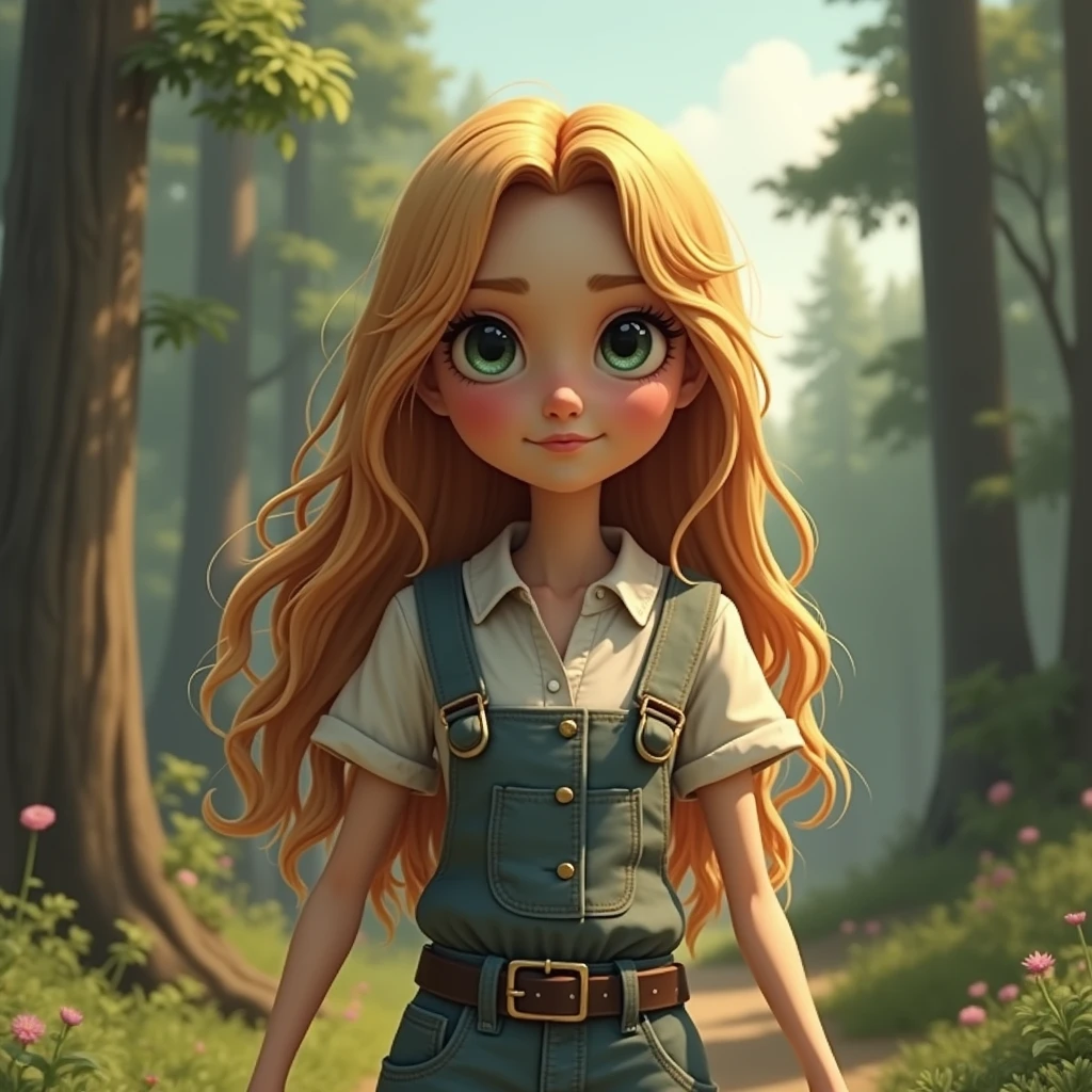 she is walking in the forest from the side