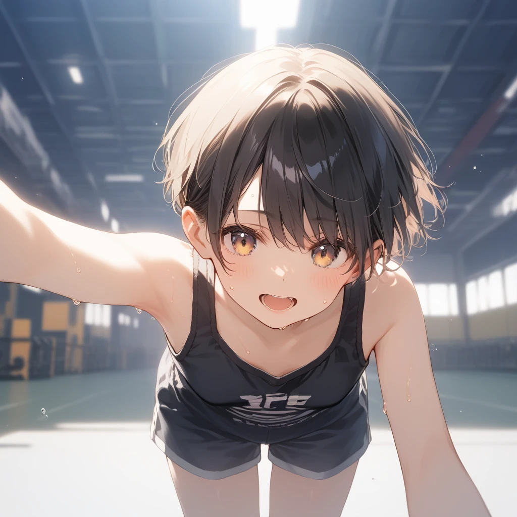 score_9, score_8_up, score_7_up, source_anime, best quality, masterpiece, official art, absurdres, highres, ultra-detailed,waifu2x,Collection: Slice of Life,break,1girl, short hair, pixie cut, flipped hair, small breasts, beautiful (well-shaped) breasts,beautiful detailed eyes, sweat, gym shorts, (wavy mouth:0.3), open mouth, outdoors, (Detailed Lighting), (Detailed background),break,(clear line illustration:1.2), super detailed skin,very high resolution, very aesthetic, Best sexual lighting powered by famous artist, 8k, 16k, cute picture,beauty illustration,photoshop_(medium),,(Detailed Lighting),best anime 8k konachan wallpaper, pixiv contest winner,