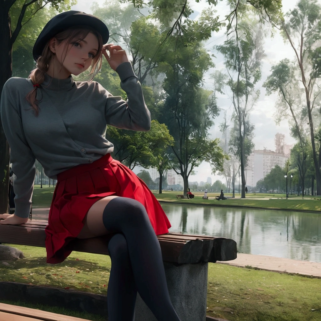 there is a woman sitting on a bench in a park, wearing skirt and high socks, with a red skirt, thighhighs and skirt, in a city park, casual pose, with a park in the background, style of julia razumova, in a park, in the park, at the waterside, sitting at a pond, ekaterina