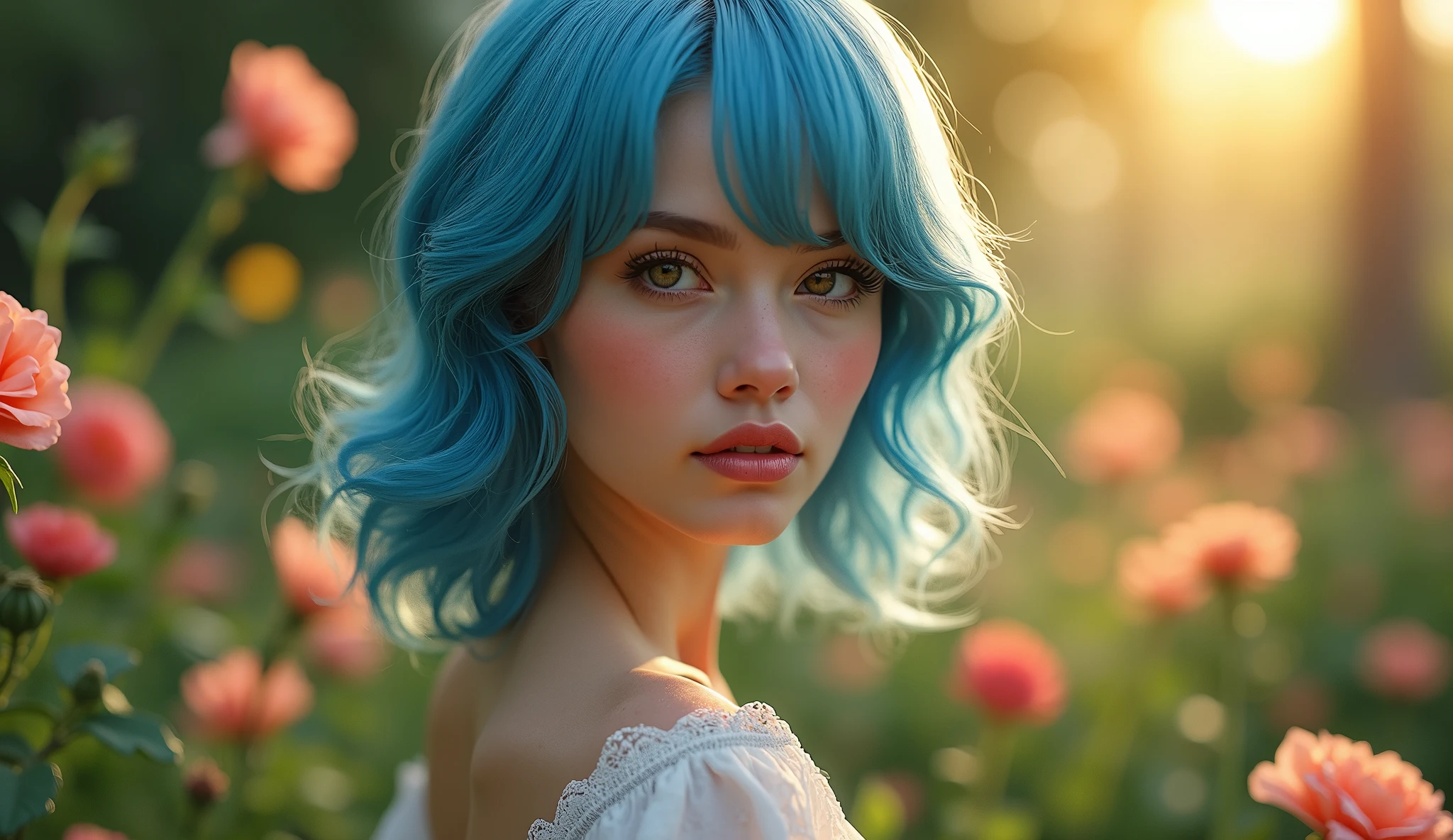 (Masterpiece.UHD.photorealistic.) an ultra hot gorgeous European woman. Age 23. blue-haired, beautiful detailed eyes,beautiful detailed lips,extremely detailed eyes and face,long eyelashes,highly realistic, photorealistic, intricate details, cinematic lighting, dramatic lighting, warm color tones, glowing skin, detailed clothing, elegant pose, serene expression, detailed background, lush garden, blooming flowers, sunlight filtering through trees
