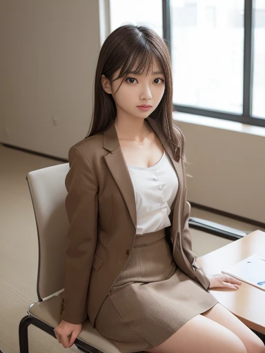 Japanese female, (underweight), (flat chest best quality:1.5), 30 years old,
conference room, sitting, semi long, (business suit), (skirt), (light brown Clothes,), in a meeting, with a chair, with a table, (full body shot), from below,from front
