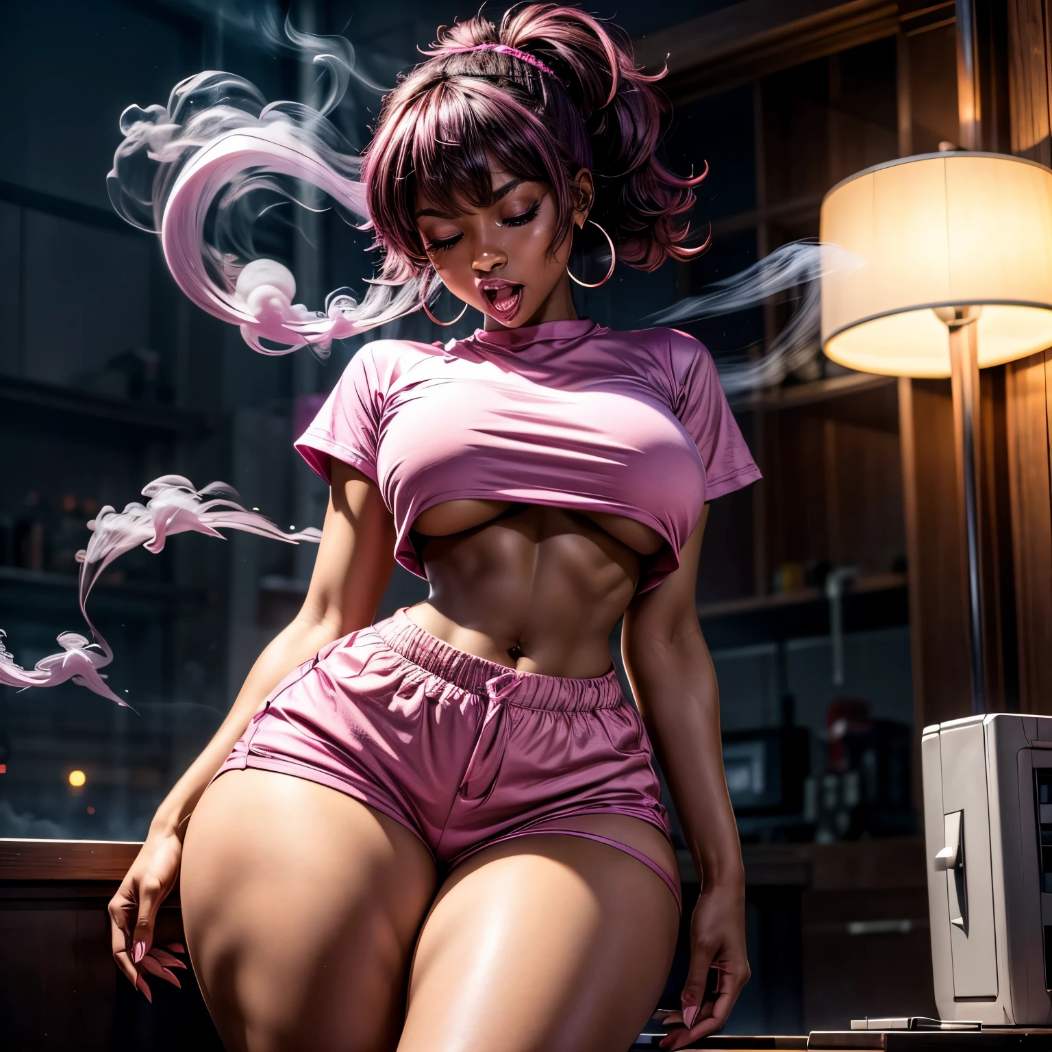 in laboratory, 1, high quality, ebony girl, high resolution, volumetric lighting, 8k, beautiful woman, (dark skin), college student, 's uniform, (big-ass), breasts big, (pink tub top shirt), (cotton shorts:1.2), Wavy hair, pony tail, bangs, headband, hoop earnings, pose sexy, seductively pose, ((slim thick body:1.1), open mouth, big lips, screaming, night time, eyes closed, pink smoke