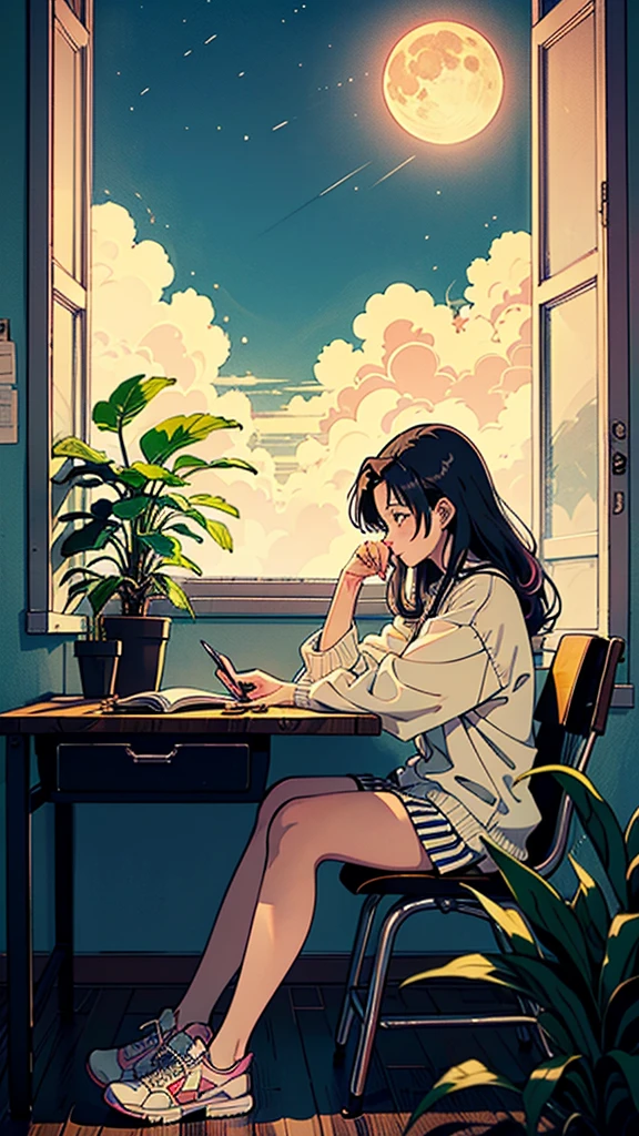 (masutepiece:1.5, Best Quality:1.5), ((Vaporwave Style, partially coloring)),In a cozy apartment, Girl studying diligently at desk alone,dim room,Stylish warm lighting, Coffee on the desk,I can see the moon from the window,Room decorated with plants