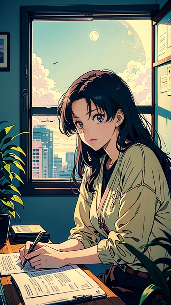 (masutepiece:1.5, Best Quality:1.5), ((Vaporwave Style, partially coloring)),In a cozy apartment, Girl studying diligently at desk alone,dim room,Stylish warm lighting, Coffee on the desk,I can see the moon from the window,Room decorated with plants