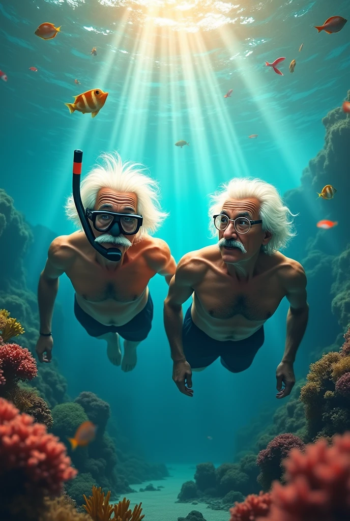 Albert Einstein snorkeling underwater whit brasilian reader machado de assis