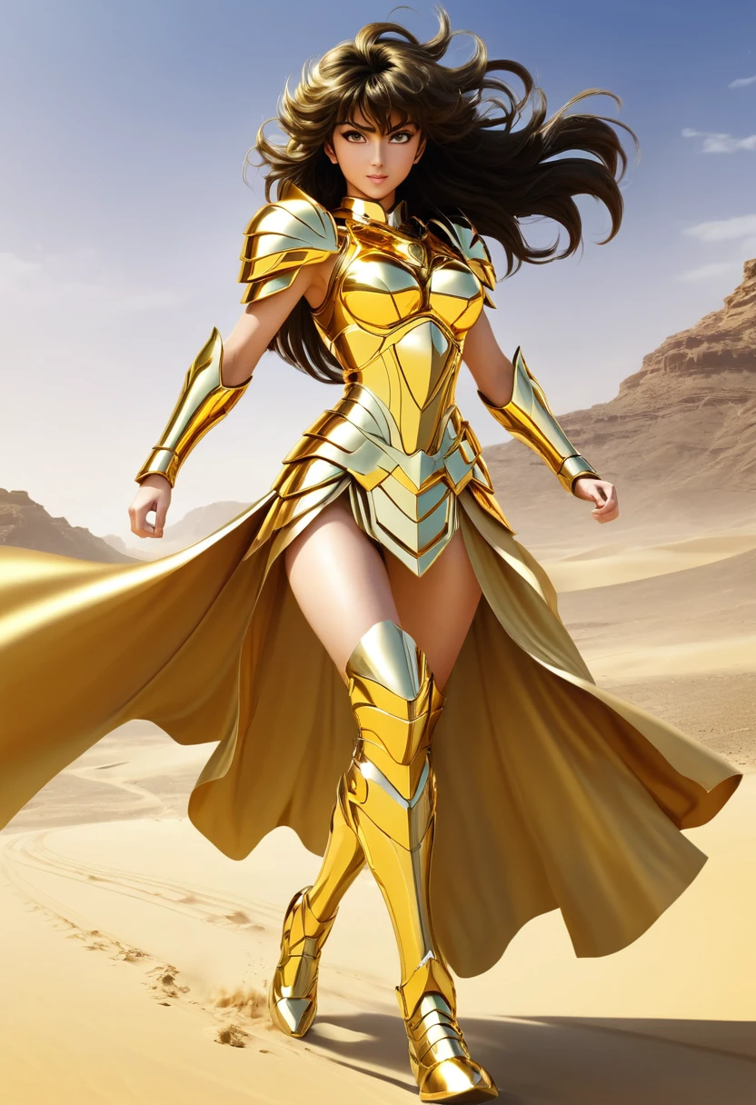 1girl, solo, saint seiya_custome, superhero, gold armor, gold dress, beautiful princess, belly, are on the battlefield, gold sword, gold skirt, running, background in the desert of war