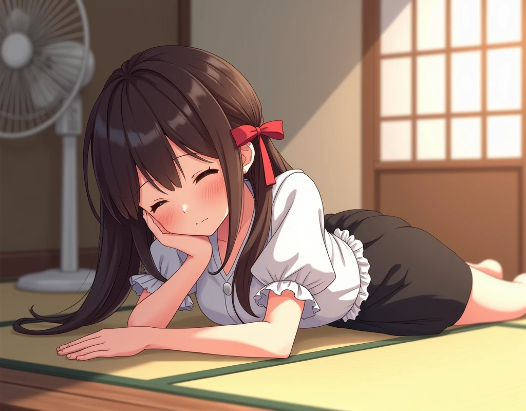 1girl, 16yo,

(lying, on stomach, lying on face), resting,
(hands on tatami:1.2),

smile, (closed eyes:1.2),
(frill blouse), white blouse, short sleeve, (collarless), (ribbonless), black skirt, barefoot,

tatami, house,
(electric fan:1.2), (wind:1.2),

BRAKE
black hair, (low twintails), low pigtails, red ribbon in hair,  very long hair,
dark brown eye,

indoor,
day, summer,
from side,

high brightness,
(high quality, ultra detailed, masterpiece, super detail, highres, anatomically correct, UHD:1.2), anime