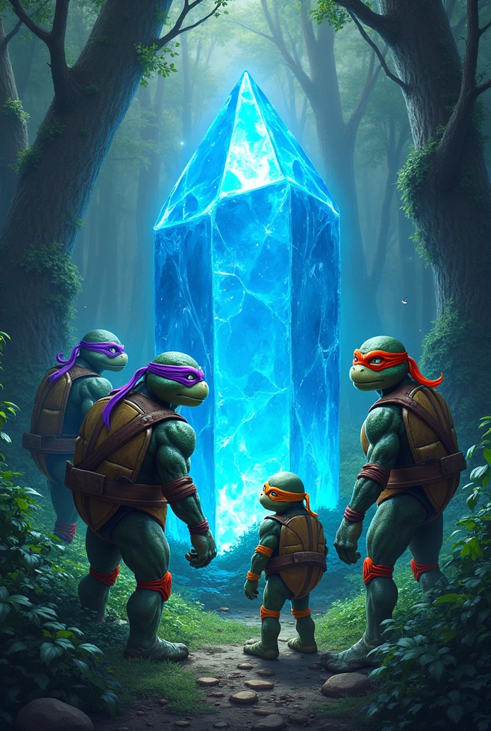 4 Teenage Mutant Ninja Turtles purple red orange blue,coming out of a forest with a big blue crystal