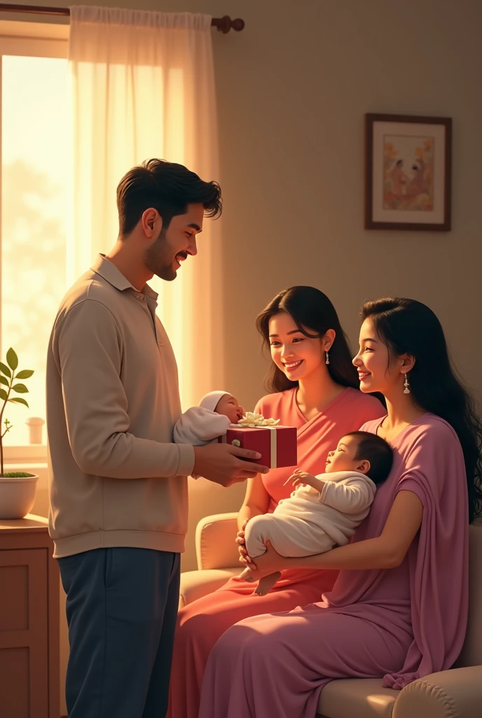 I am joy. My wife Bithi just gave birth a new born baby. Bithi's mother and relatives also sit down in a sofa. I surprised bithy with a gift