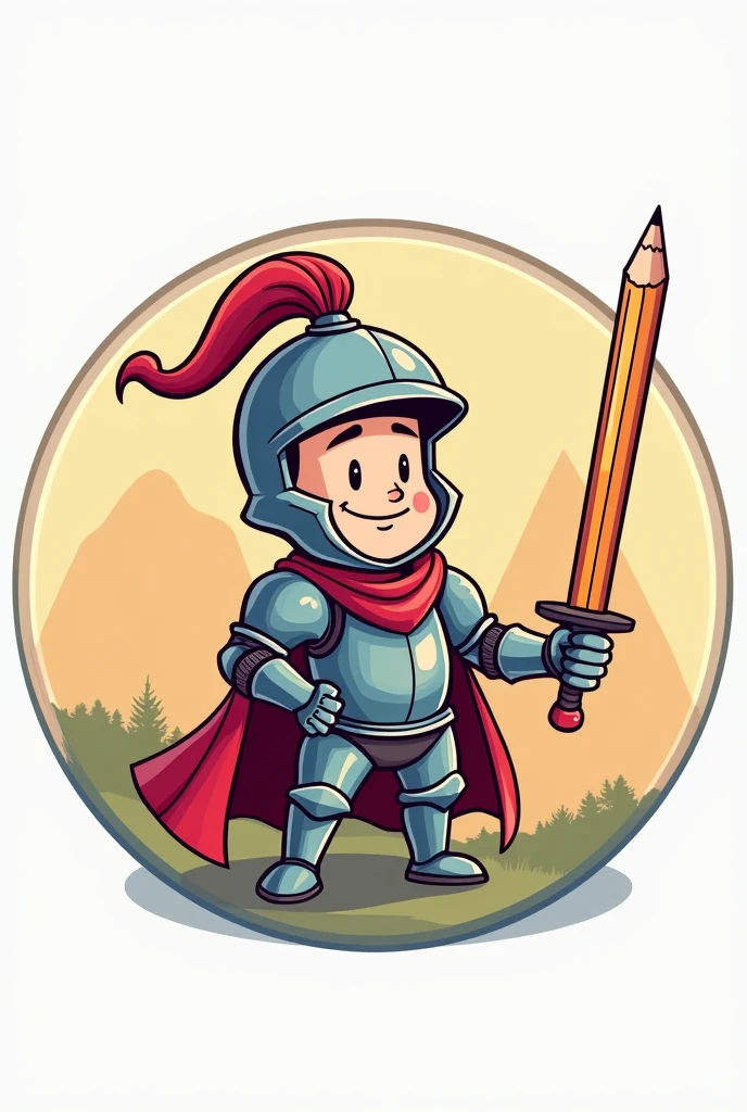 Round logo with a cartoon drawing of a knight holding a pencil as a sword