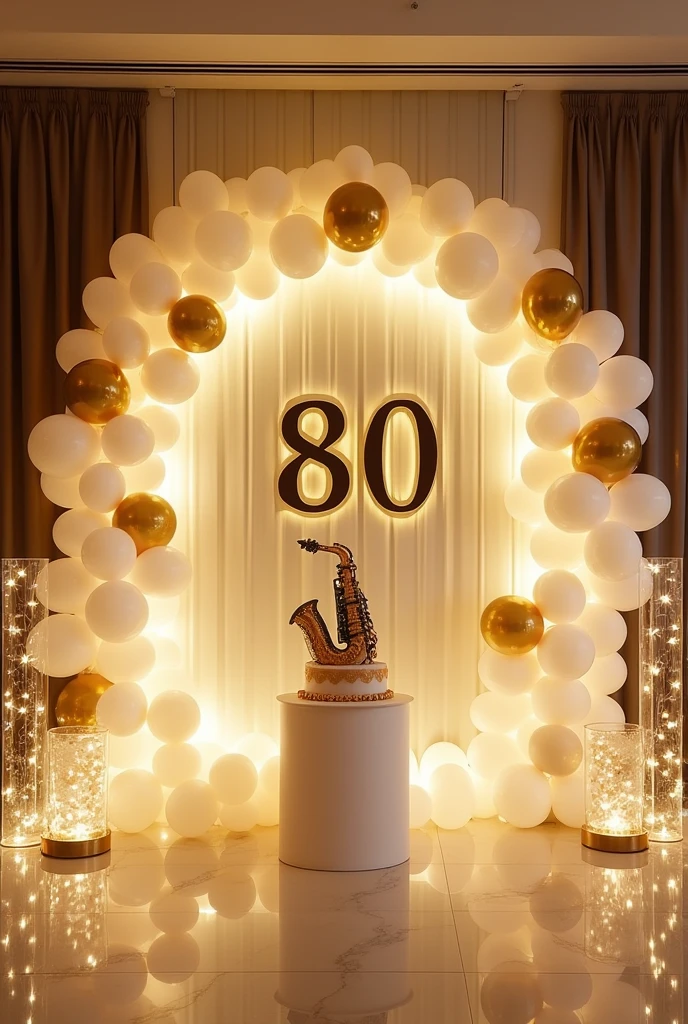 Wall decoration of a large event venue for an 80-year-old man's birthday in gold and white, including separate, tall, transparent cones like glass boxes filled with balloons to put snacks in, and a saxophone cake with gold details and lights on the wall in the shape of a waterfall., balloons as an arch on the left side with large numbers that say 80 years in the center that says happy birthday dad she with LED lights and that it is an equality between white and gold