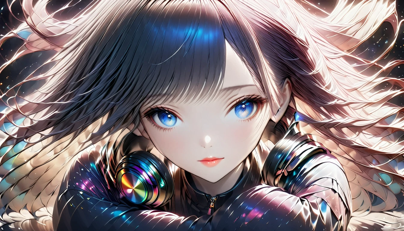 Highest quality, Intricate details, Very delicate, so beautiful, Highest quality, High Qualite, Very beautiful face, kindness, 超detailed hair, thin, cute, Perfectly symmetrical face, Upper body rest (Beautiful colors,detailed,Highest quality,Great quality,so beautiful),Lighting particles, Casual Fashion, Headphones