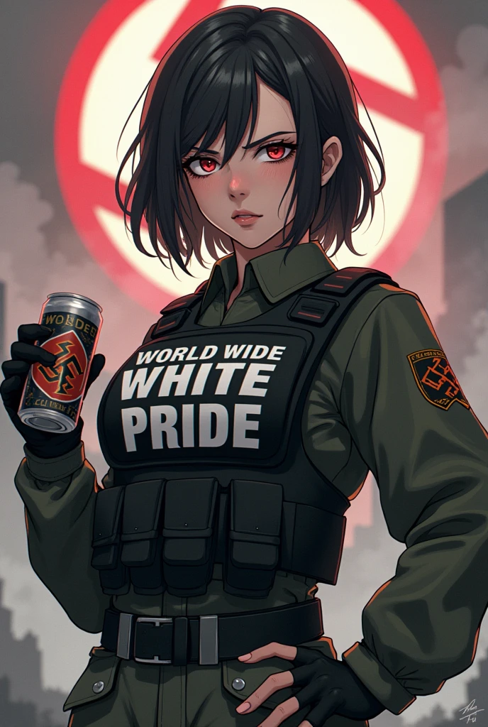 Anime girl militaire avec écrit World wide white pride en gros sur son gilet par balle , une croix gamme derrière elle et une bière dans la main