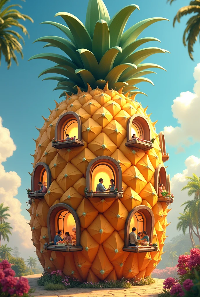 (drawing) the big fruit pineapple that so many windows, and  each of windows show a hospitality 