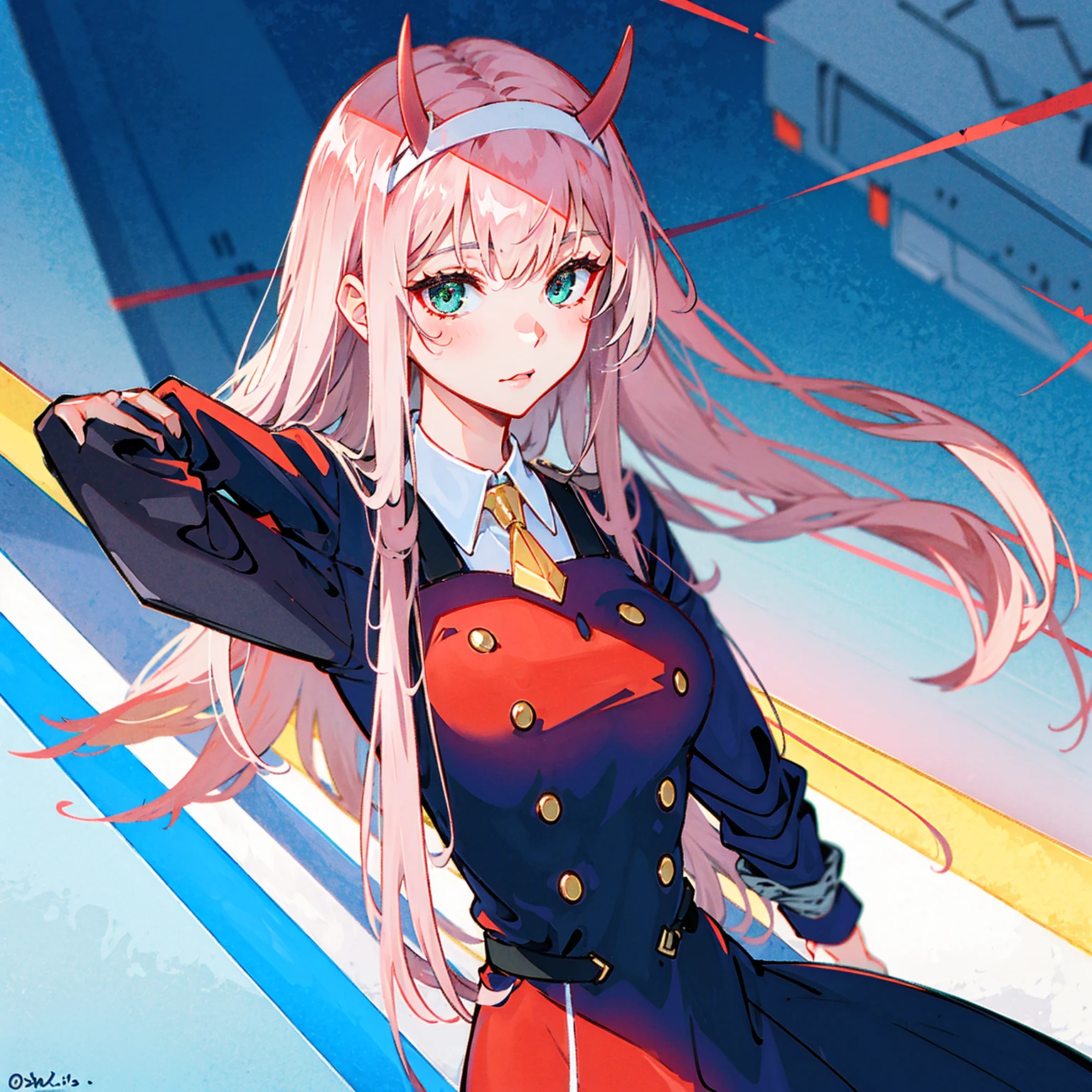 Zero Two \(Frank&#39;s Darling\), Frank&#39;s Darling, One person, bangs, bite, Shadow, Long Hair, Small breasts, Thick thighs, Red bodysuit, Green Eyes, compensate, pair of small red horns, Pink Hair, red eyeShadow, soil, sunlight
