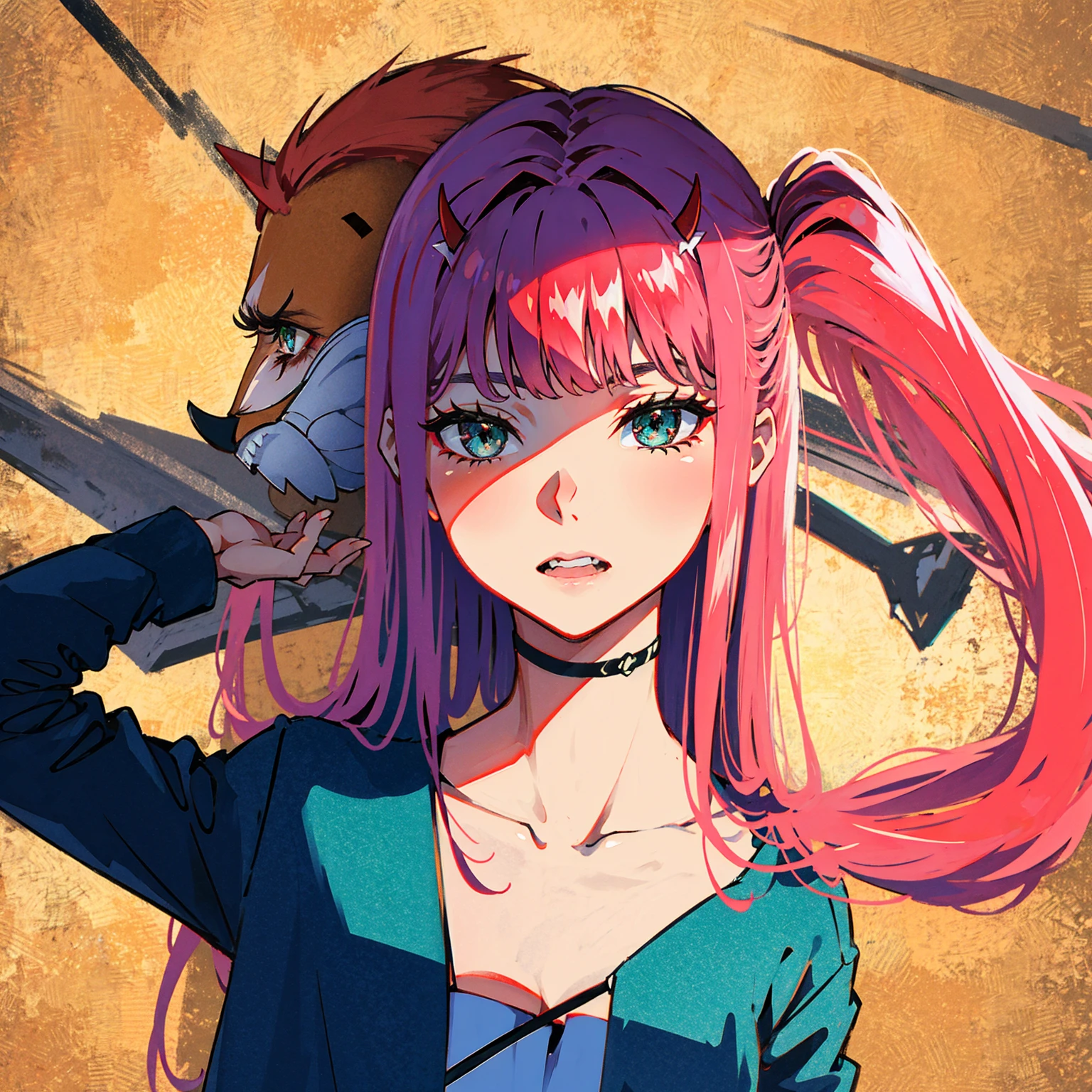Zero Two \(Frank&#39;s Darling\), Frank&#39;s Darling, One person, bangs, bite, Shadow, Long Hair, Small breasts, Thick thighs, Red bodysuit, Green Eyes, compensate, pair of small red horns, Pink Hair, red eyeShadow, soil, sunlight
