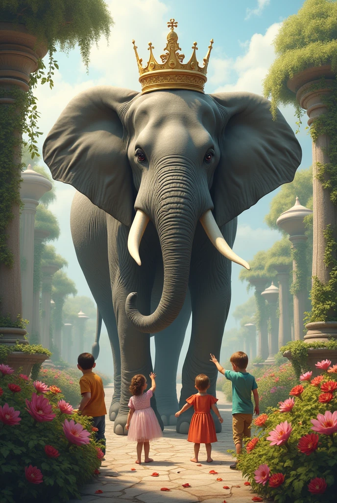 Elephant king playing children in garden