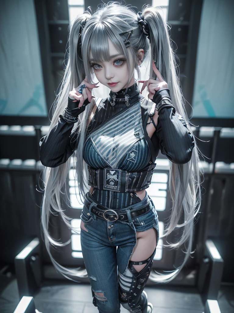 (Full Body View:1.2)、(Side view:1.1)、(Smiling with teeth showing:1.3),(Shibuya Gal:1.5)、(Gothic style fashion:1.5)、(Punk rock visual kei:1.5)、(Wearing a rhythmic gymnastics bodysuit with intricate details:1.4)、(Complex white racing suit and pants, Denim and turquoise decor:1.5)、(Denim and light blue and white boots:1.3)、((belt))、(A number of subtle logos are featured throughout the costume々:1.4)、(collar:1.3)、(Striped underwear:1.5)、20-year-old、Browsing Caution、((Highest quality、In 8K、masterpiece:1.3))、Sharp focus:1.2、(Layered Cut、Huge boobs:1.1),Beautiful woman with perfect figure:1.4、(Dance vigorously:1.3)、Slim Abs:1.2、Highly detailed face and skin texture、Detailed eyes、double eyelid,(Twin tails:1.3)、(Dark silver hair:1.3)、Idol Sculpture、(The background is the stage for a fashion show:1.3)、(The body is slim:1.3),(Slimming your legs:1.4),(clavicle:1.1)、(Thin and slim thighs:1.3)