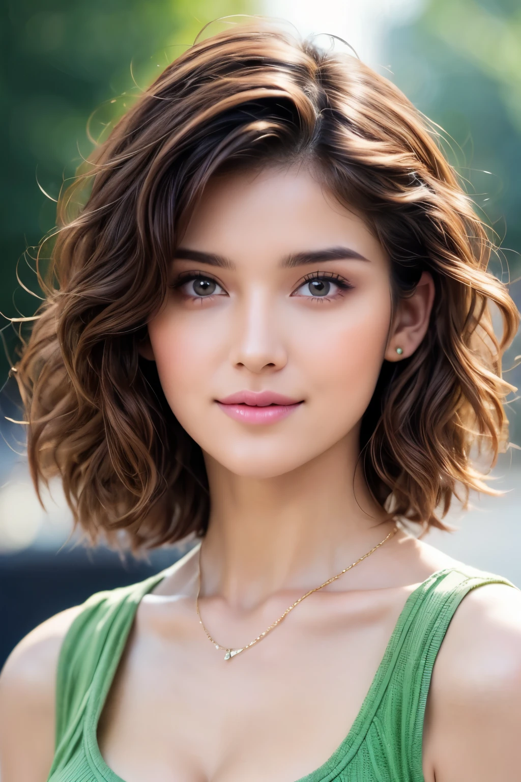 score_9, score8_up, 16 year old girl, (ultra detailed perfect symmetrical face, eyes, nose:1.5), masterpiece, high quality realistic, aesthetic photo, pore and detailed, intricate detailed, graceful and beautiful textures, RAW photo, 16K, (head to waist portrait), cinematic lighting, diffused sunlighting, in the city street, beautiful girl, cute face, hint of cleavage, little smile, smooth fair skin, light-green eyes, light brown wavy short hair, curled bangs, earing, thin necklace, open chest tanktop, jeans,
