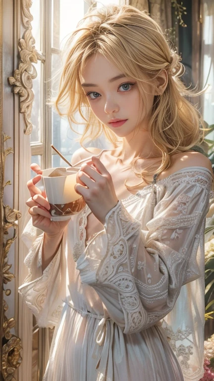 (masterpiece: 1.2, Portraiture, Highest quality), Realistic, (Live Action, Intricate details, Written boundary depth), Highest quality, masterpiece, Attention to detail, semi-Realistic, 朝にDrink coffee , shy, 2, Short blonde, blue eyes, blonde、 Slim figure、Shoulder Bare、Basking in the morning sun、Wearing a negligee and white panties, Morning light shines through the gap in the curtains, I only wear white underwear under my nightgown, Drink coffee